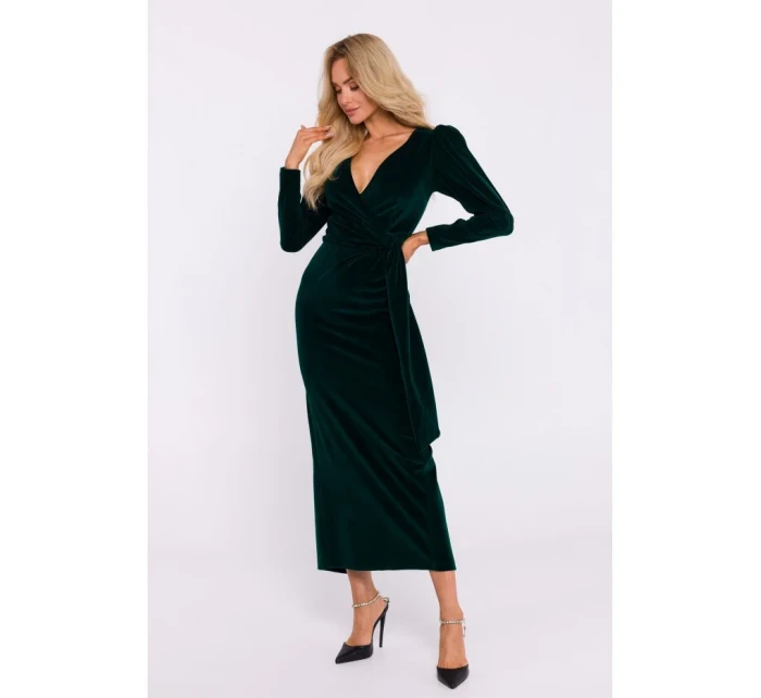model 20555993 Sametové maxi šaty s hlubokým výstřihem do V zelené - Moe