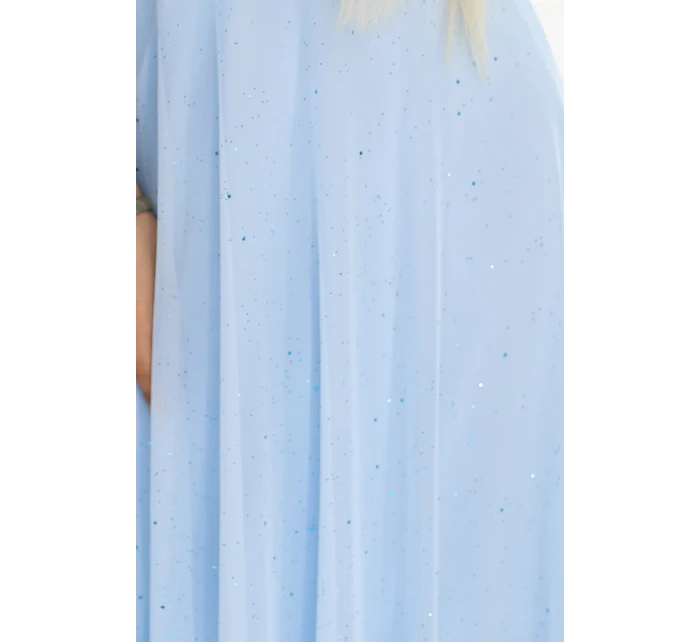 dlouhé třpytivé šaty s výstřihem a krátkými rukávy modré model 22017314 - numoco basic