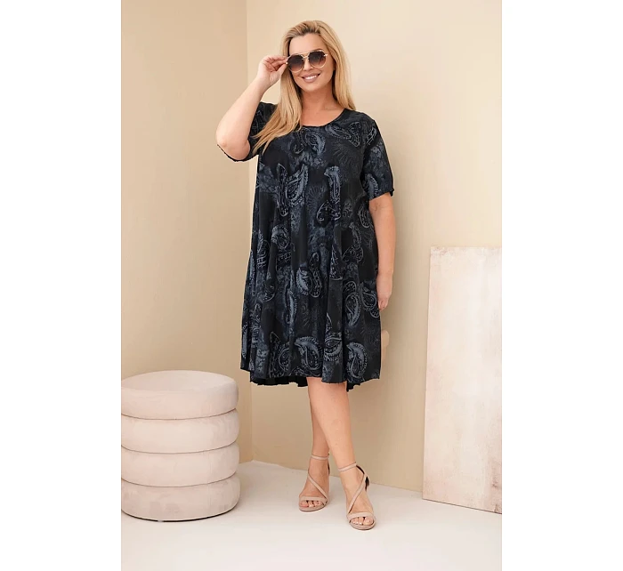 Dámské viskózové šaty Plus Size s krátkým rukávem a paisley střihem černá