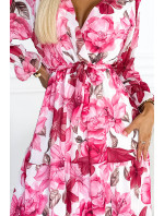 Midi šaty s výstřihem a páskem Numoco VALENTINA - růžové