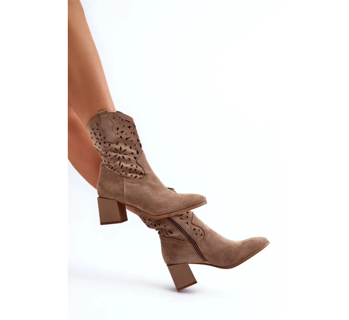 Dámské kotníkové boty s dírkovaným svrškem na bloku ASA217-7 Béžová - Jezzi