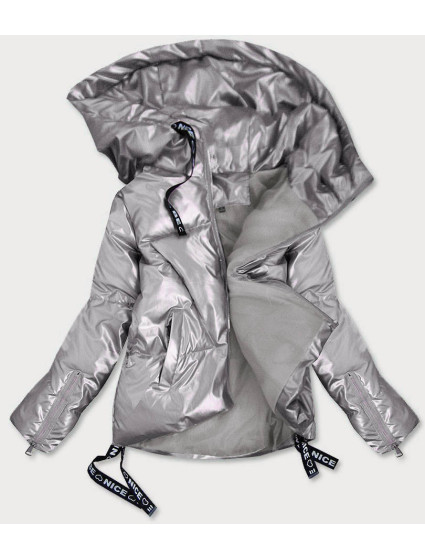 Světle šedá krátká dámská bunda s asymetrickým spodním okrajem (632art)