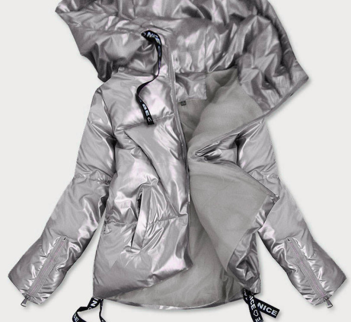 Světle šedá krátká dámská bunda s asymetrickým spodním okrajem (632art)