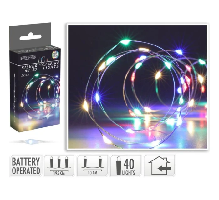 DRÁTĚNÁ SVĚTLA GIRLANDA NA BATERIE 40 VEDLA VÍCE BAREV