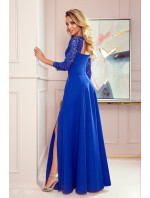 Elegantní dlouhé šaty s krajkovým výstřihem Numoco AMBER - modré