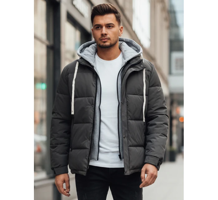 Pánská prošívaná zimní bunda s kapucí tmavě šedá FashionStreet TX5103