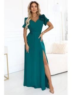 Elegantní dlouhé šaty s páskem a vysokým rozparkem lahvově zelené model 21779075 - numoco