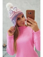 Rosa dámská čepice s bambulí K368 fialová+bílá+tmavě růžová