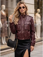 Dámská kožená bomber bunda v přechodném období, vínová, FashionStreet TY5873 Dámská kožená bomber bunda v přechodném období, vínová, FashionStreet TY5873
