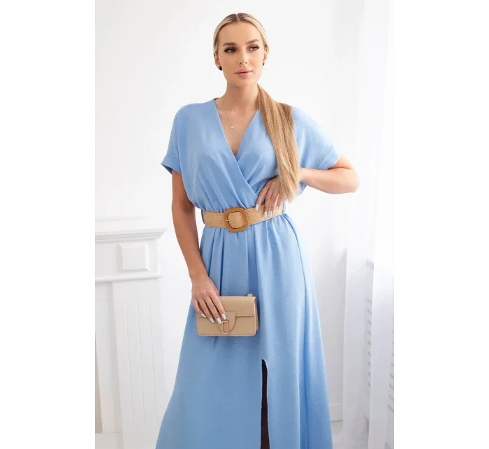 Dlouhé šaty s ozdobným páskem modré