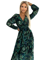 Dlouhé dámské plisované šifonové šaty s výstřihem, dlouhými rukávy, páskem a se vzorem zelených listů 511-1