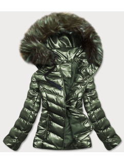 Zelená lesklá dámská zimní bunda s kapucí (5M773-238)