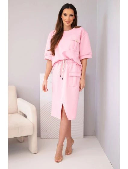 Dámský máslový komplet s halenkou a midi sukní světle růžový