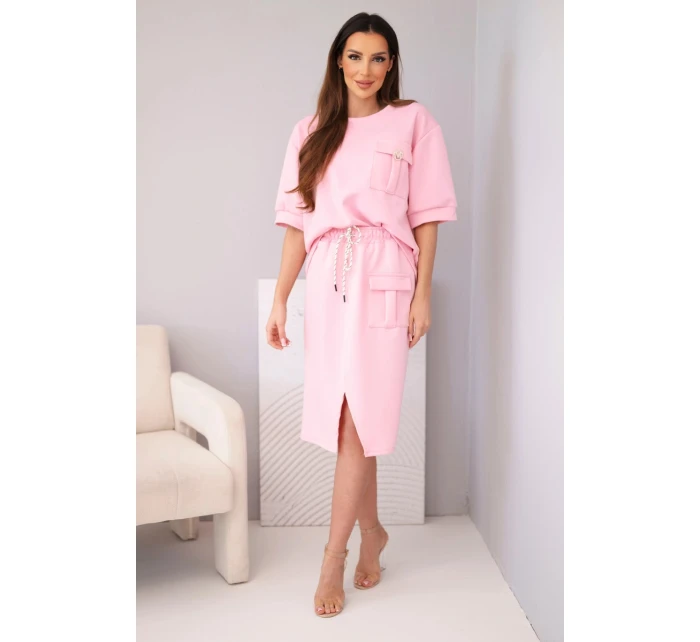 Dámský máslový komplet s halenkou a midi sukní světle růžový
