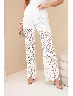 Dámské bavlněné ažurové kalhoty se širokými nohavicemi a elastickým pasem bílé