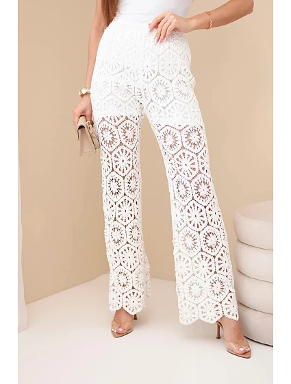 Dámské bavlněné ažurové kalhoty se širokými nohavicemi a elastickým pasem bílé