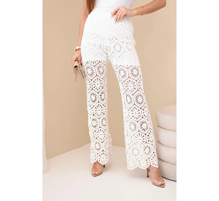 Dámské bavlněné ažurové kalhoty se širokými nohavicemi a elastickým pasem bílé