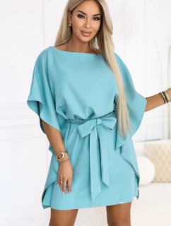 model 22015591 SOFIA Motýlí šaty se zavazováním v pase pastelově tyrkysové - numoco