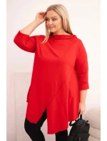 Dámská bavlněná blůza Plus Size asymetrická s ohrnutým rukávem červená