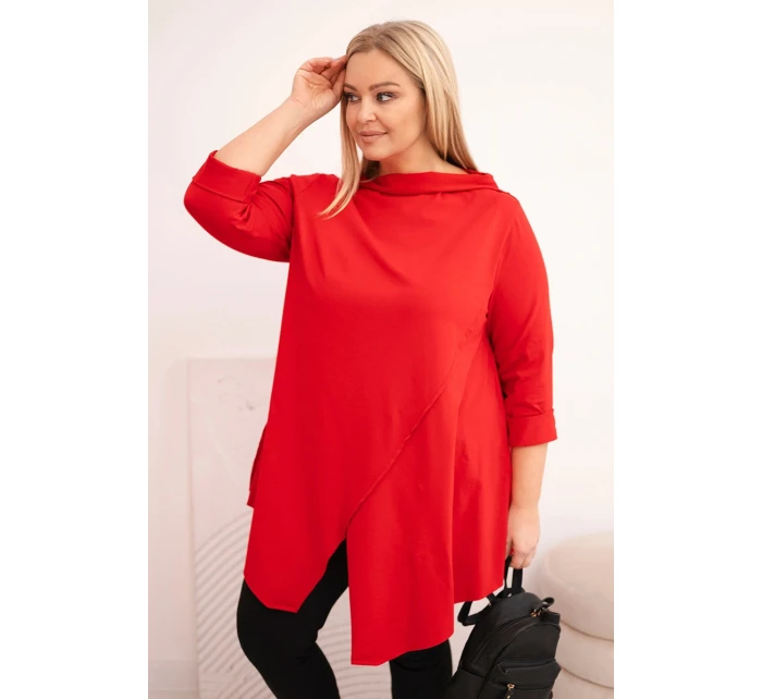 Dámská bavlněná blůza Plus Size asymetrická s ohrnutým rukávem červená