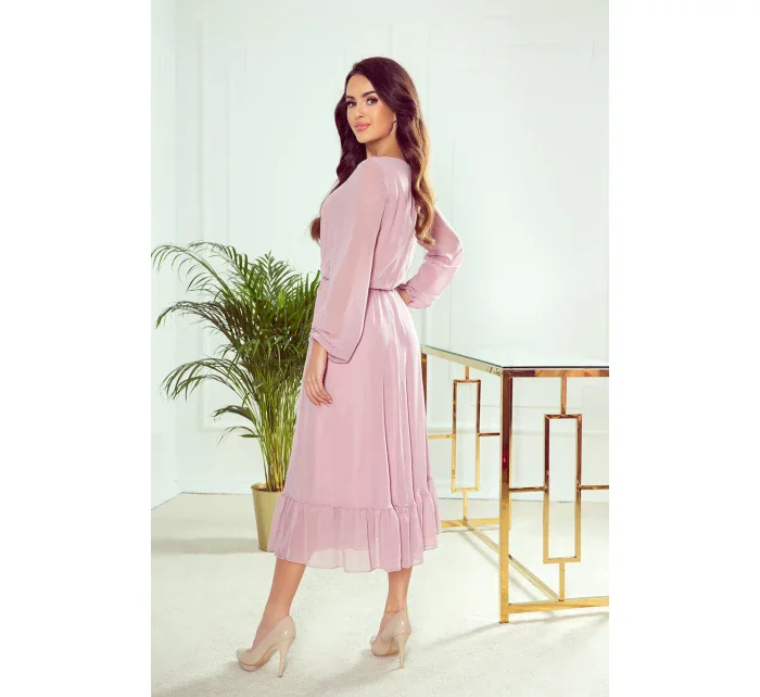 Dámské šifonové midi šaty ve špinavě růžové barvě s výstřihem a volánkem 304-1