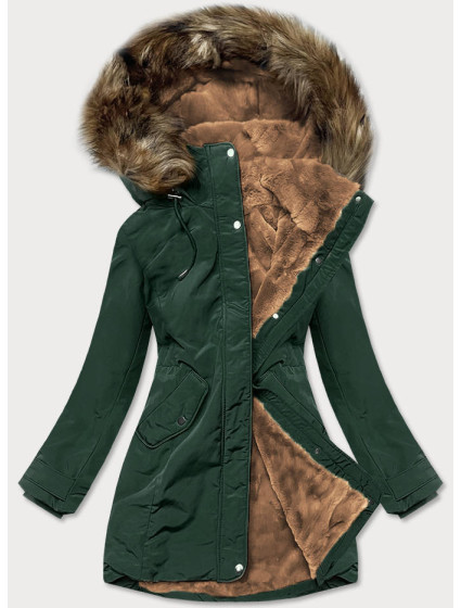 Tmavě zelená dámská zimní bunda parka s kožešinovou podšívkou (M-21501)