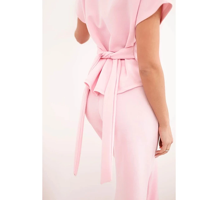 Dámský komplet z  materiálu s halenkou s krátkým rukávem a širokými nohavicemi bonbónově růžová model 22048833 - K-Fashion