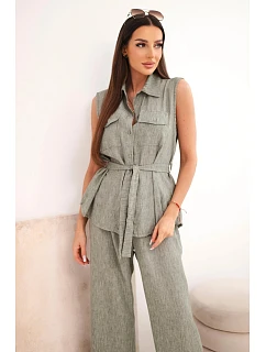 Dámský komplet se model 22104015 halenkou a širokými kalhotami khaki - K-Fashion