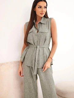 Dámský komplet se model 22104015 halenkou a širokými kalhotami khaki - K-Fashion