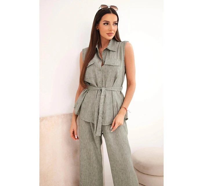 Dámský komplet se model 22104015 halenkou a širokými kalhotami khaki - K-Fashion Dámský komplet se model 22104015 halenkou a širokými kalhotami khaki - K-Fashion