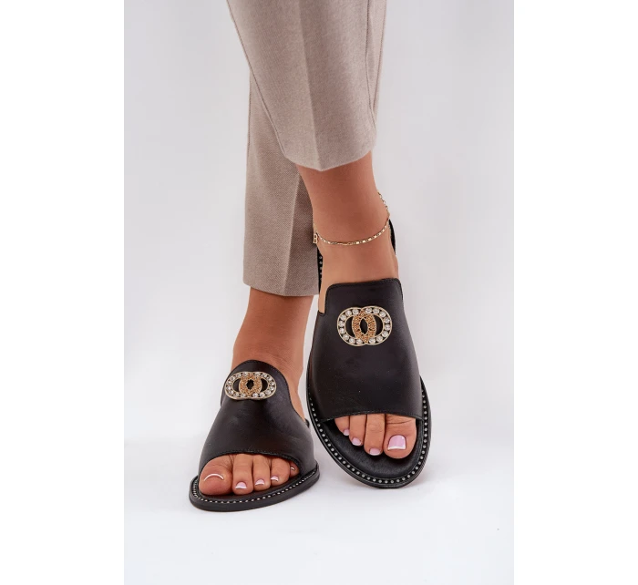 Elegantní Dámské Kožené Pantofle S Dekorací Zazoo 3008 Černé