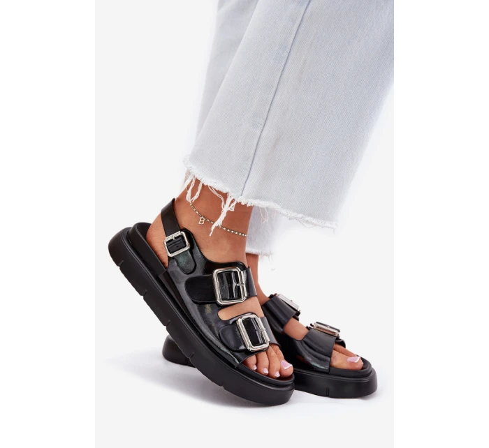 Kožené Lakované Dámské Sandály S Přezkami Big Star RR274662 Černé Kožené Lakované Dámské Sandály S Přezkami Big Star RR274662 Černé