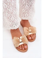 Dámské pantofle na nízkém podpatku s tylovou mašlí – zlaté