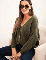 Dámský svetr s V výstřihem a knoflíky khaki