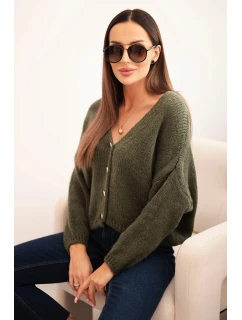 Dámský svetr s V výstřihem a knoflíky khaki