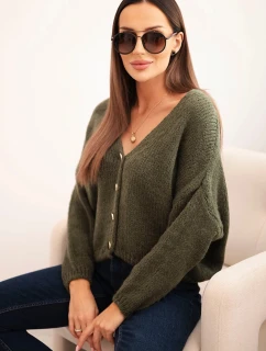 Dámský svetr s V výstřihem a knoflíky khaki