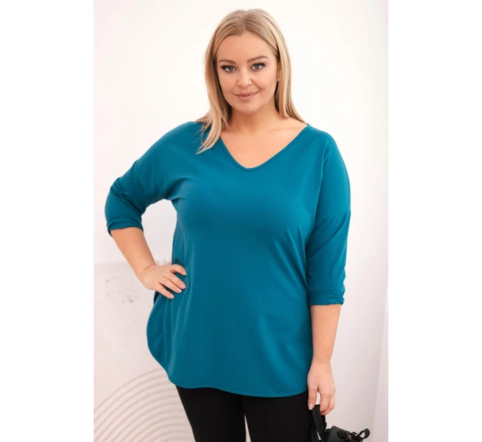Dámská bavlněná košile Plus Size s výstřihem do V a ohrnutými rukávy mořská Dámská bavlněná košile Plus Size s výstřihem do V a ohrnutými rukávy mořská