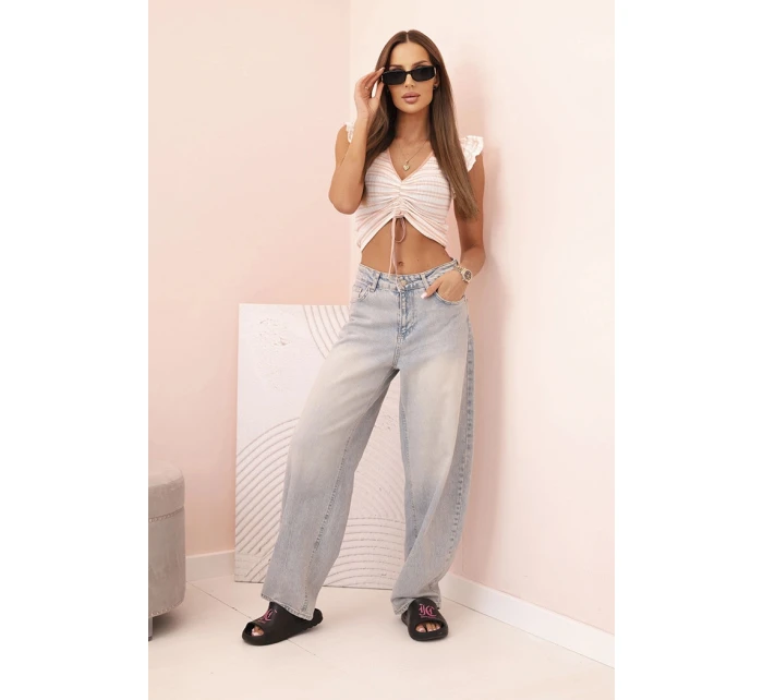 Dámská pruhovaná blůza s nařasením a volánky pudrově růžová