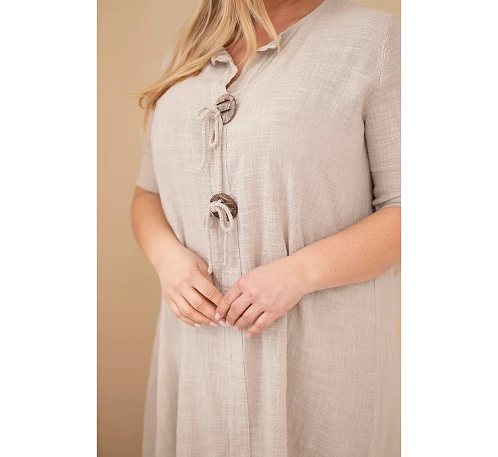 Dámské bavlněné šaty pro plnoštíhlé s vázáním na výstřihu béžová