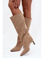 Dámské kozačky z eko semiše nazouvací na jehlovém podpatku béžové Phelin Dámské kozačky z eko semiše nazouvací na jehlovém podpatku béžové Phelin