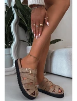 Dámské pantofle s pásky a zlatým sponou Tmavě béžové model 21943451 - Boto