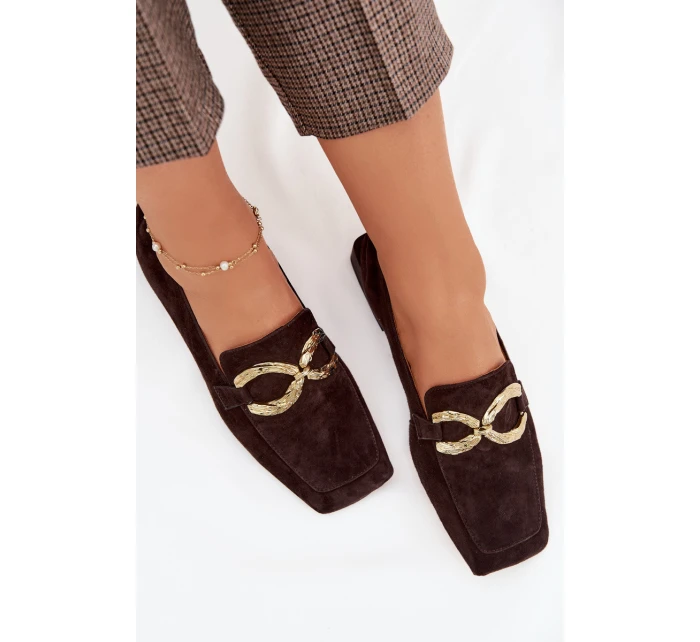 Dámské mokasíny z pravé semišové kůže se zlatým detailem D&A model 22031897 čokoládové - S.Barski