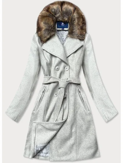 Šedý dámský kabát s kožešinou (JC241)