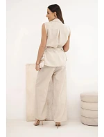 Dámský komplet s vázanou halenkou a širokými kalhotami béžový Dámský komplet s vázanou halenkou a širokými kalhotami béžový