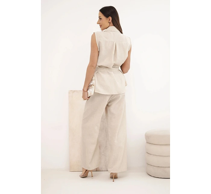 Dámský komplet s vázanou halenkou a širokými kalhotami béžový Dámský komplet s vázanou halenkou a širokými kalhotami béžový