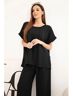 Dámský komplet Plus Size halenka a kalhoty se širokou nohavicí černý