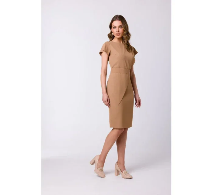 S336 Pouzdrové šaty s páskem - béžové