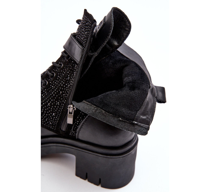 Kožené pracovní kotníkové boty zdobené kamínky GOE Černá