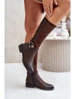 Zateplené Kozačky Na Plochém Podpatku S Přezkou Hnědé model 21881041 - Kesi