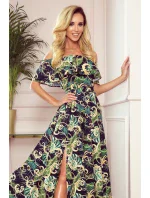 Dlouhé dámské šaty se španělským výstřihem a vzorem zelených listů a zlatých řetízků 194-4